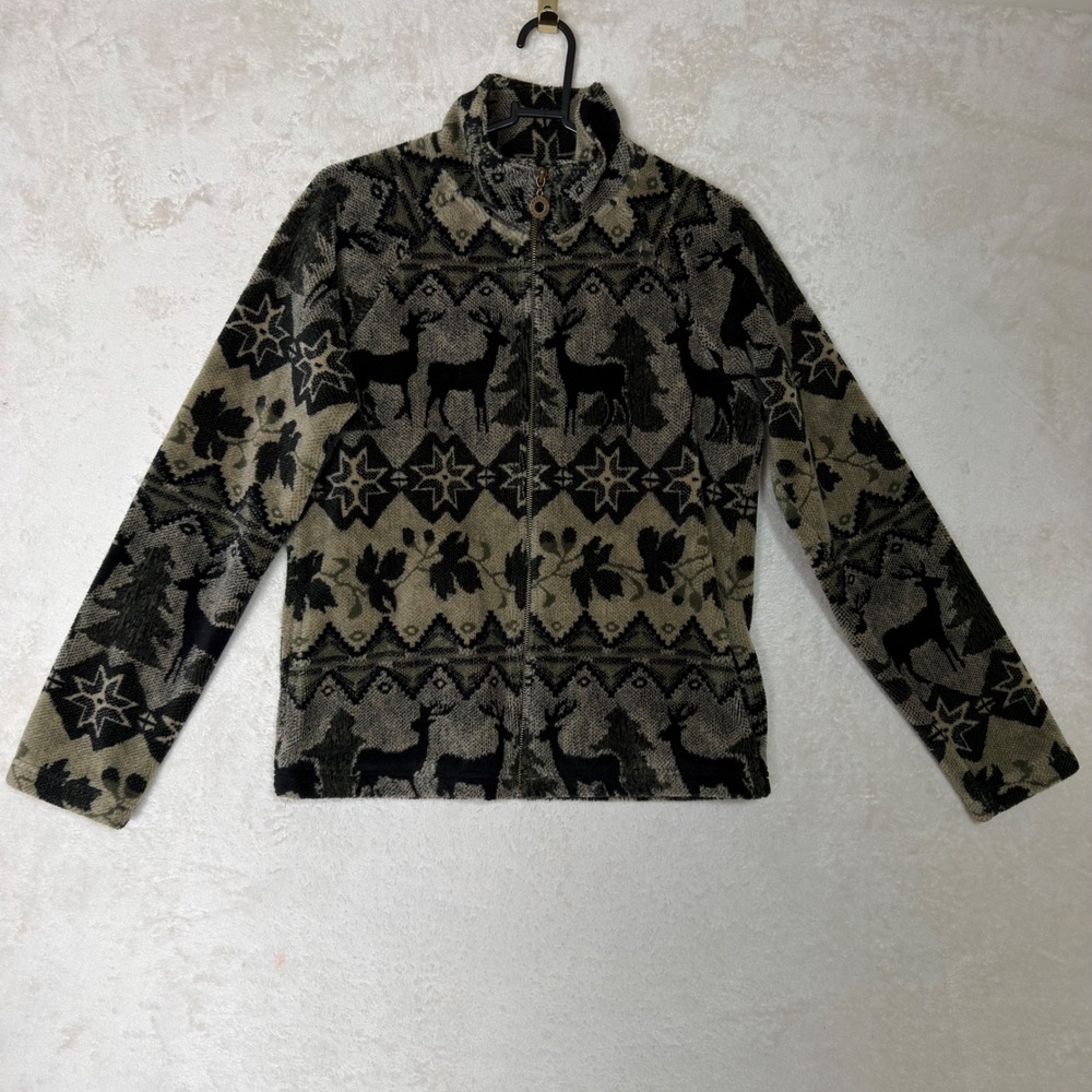 Vintage Deer Nordic Fleece Jacket Full Zip Cabin Lodge Fair Isle Cozy Outdoors